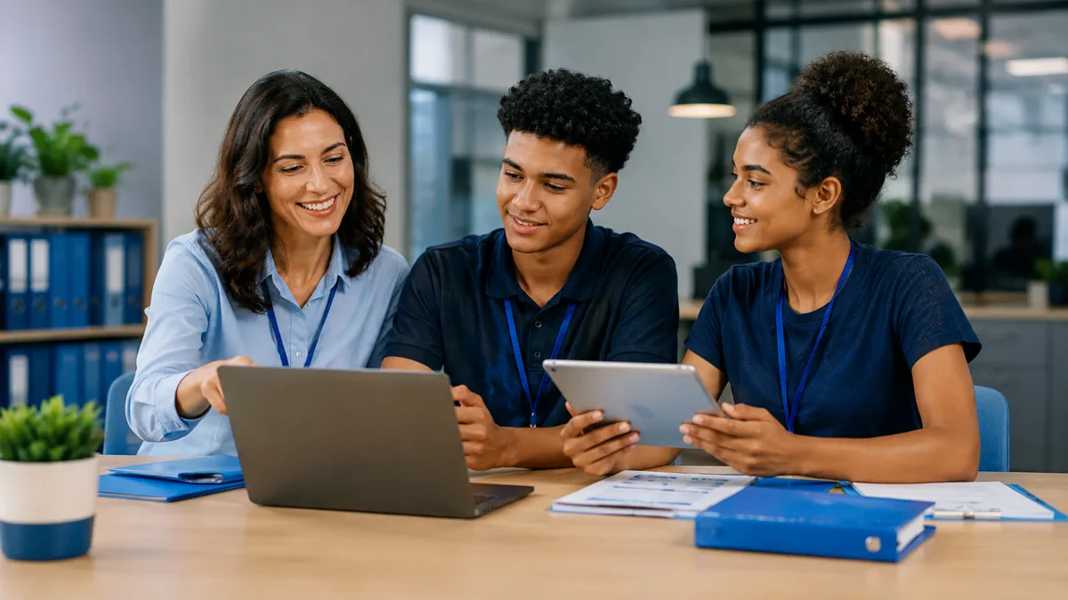 Equipe utilizando o software de gestão de aprendizes de ponta a ponta